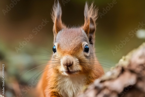Close-up portrait of a cute red squirrel in the wild looking at camera. Generative AI. 