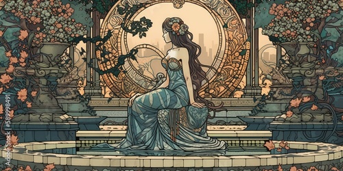 Art Nouveau print of a young woman sitting on a bench - generative ai