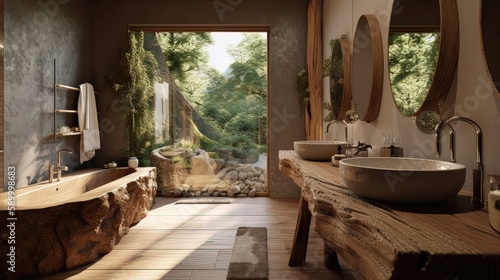 This organic architecture bathroom features a stunning stone sink  wooden accents  and lush greenery  creating a serene and natural oasis. Generated by AI.