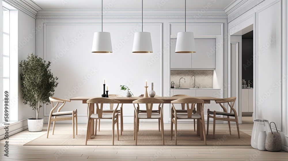 A Scandinavian dining room features a simple and minimalistic design, with light-colored furniture. Generated by AI. A Scandinavian dining room features a simple and minimalistic design, with light-colored furniture. Generated by AI.
