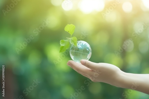 Hand of human holding green world with environment icon, Save world, sustainable environment concept - generative ai