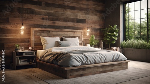 This rustic bedroom features a striking reclaimed wood headboard that adds warmth and character to the space. Generated by AI.
