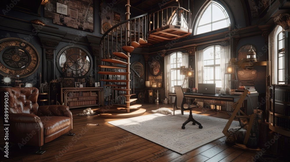 Steampunk home library is the perfect retreat for the curious and imaginative. Generated by AI.