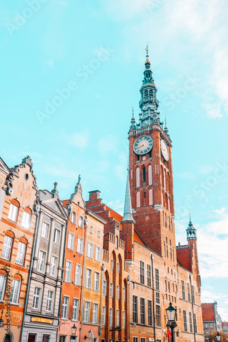 Beautiful architecture of the old town in Gdansk with city hall, Poland. High quality photo