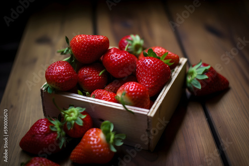 Fresh ripe strawberries in small wooden box on table, generative AI.