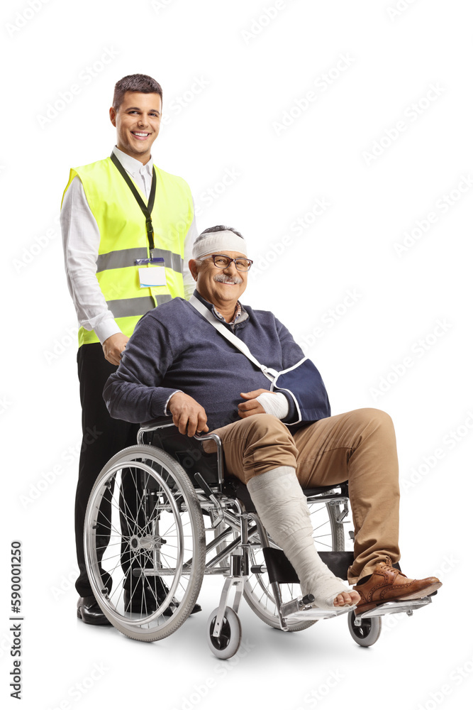 Security officer pushing a mature man with a broken arm and bandage on head in a wheelchair Security officer pushing a mature man with a broken arm and bandage on head in a wheelchair