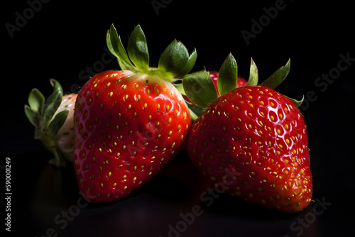 Two fresh ripe strawberries on a dark background, closeup, generative AI