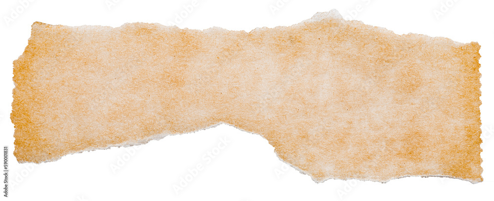 Single piece of isolated ripped crumpled blank brown paper, top view from above on white or transparent background
