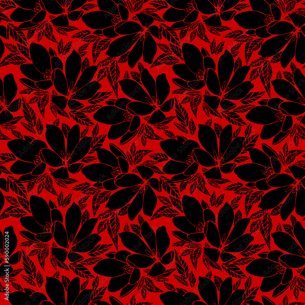 asymmetric seamless floral black contour pattern on a red background, design, background asymmetric seamless floral black contour pattern on a red background, design, background