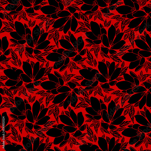 asymmetric seamless floral black contour pattern on a red background, design, background
