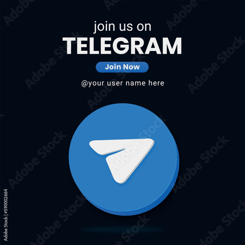 Join Us Telegram social media Banner, 3d modern logo with telegram icon.