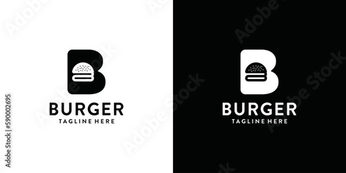 B typography flat logo with burger, logo combination for burger