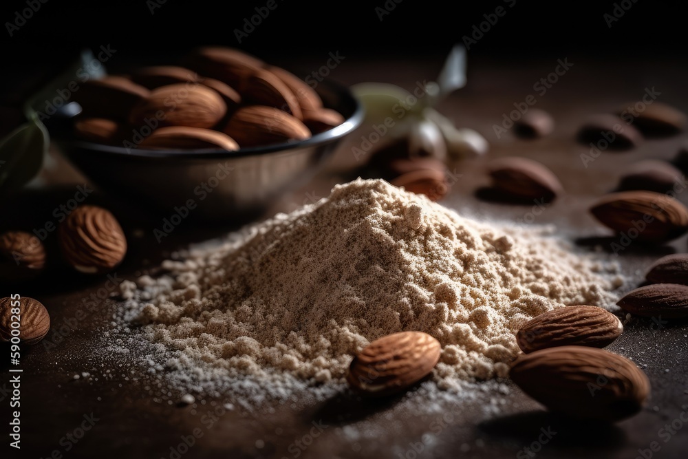 Almond flour and nuts on dark background. AI-Generated. Almond flour and nuts on dark background. AI-Generated.