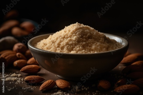 Bowl with almond flour and nuts on dark background. AI-Generated.
