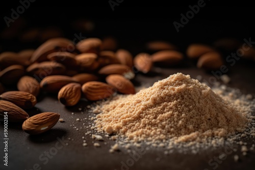 Almond flour and nuts on dark background. AI-Generated.