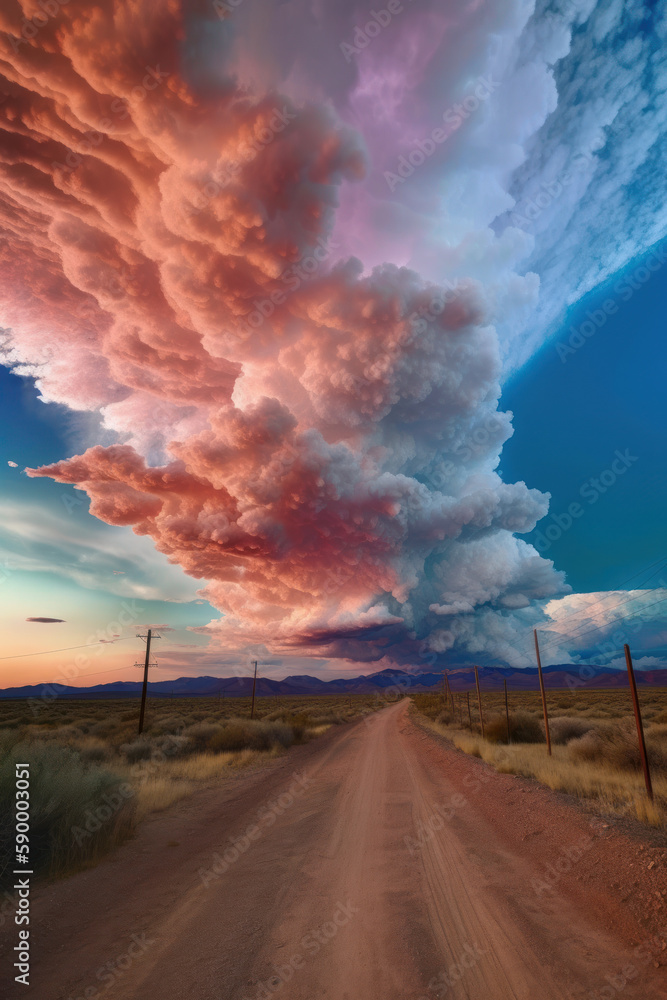 énorme nuage d'orage cumulonimbus reflétant les couleurs du soir, au dessus d'une prairie avec un chemin dans la région du middle ouest des états-unis énorme nuage d'orage cumulonimbus reflétant les couleurs du soir, au dessus d'une prairie avec un chemin dans la région du middle ouest des états-unis