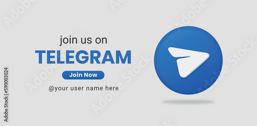 Join Us Telegram social media Banner, 3d modern logo with telegram icon.