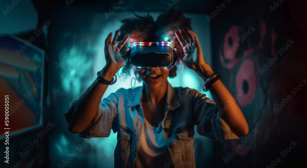 Young afroamerican woman with virtual reality headset on dark interior, banner with copy space. Generative AI