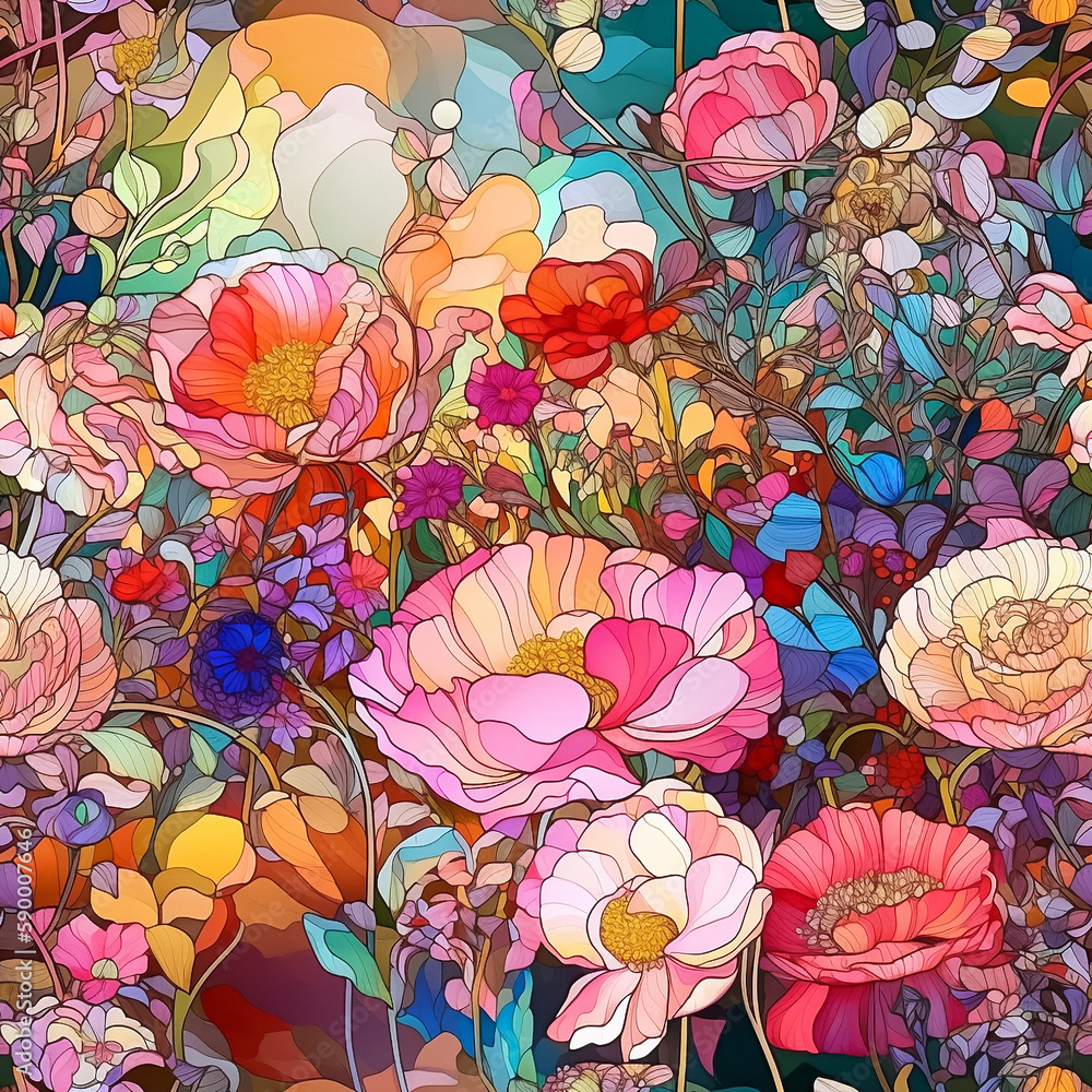 Colorful seamless pattern with stainedglass mosaic wildflowers