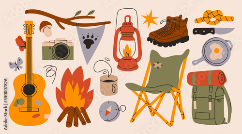 Camping, Hiking set. Campfire, guitar, camera, chair, backpack, boots, knife, knot, mug, lantern, compass. Hand drawn Vector illustration. Isolated design elements. Trekking, travel, tourism concept