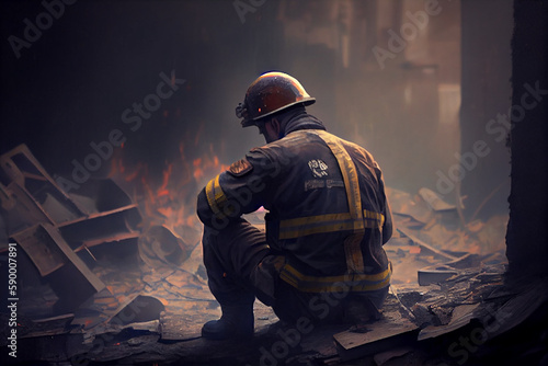 The hero rescuer or firefighter sits on the rubble of a house after an earthquake or fire.