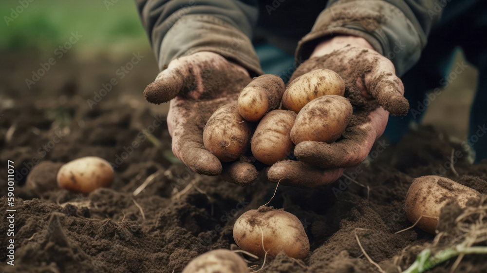 Hands picking potatoes from their crops