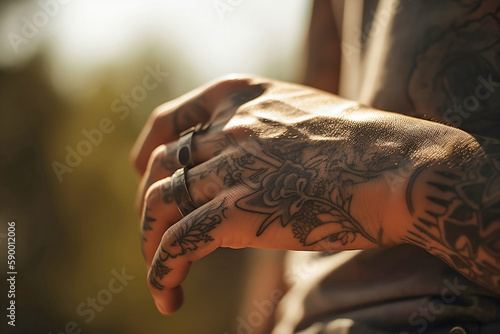 Close up of hand of tattooed man. Generative AI illustration