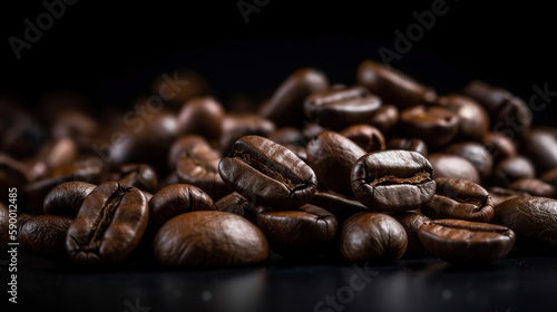 Brown Roasted Coffee Beans Closeup On Dark Background. generative ai