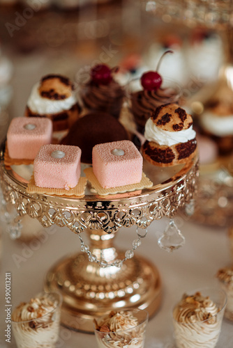 Luxury wedding candy bar close-up of cakes