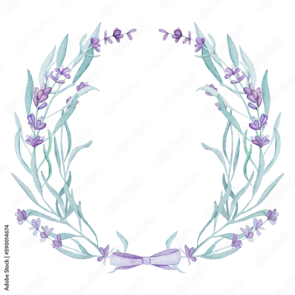Beautiful lavender provence wreath with text watercolor illustration for postcard design. Tender purple flower ornament aquarelle drawing