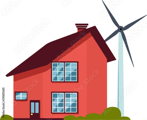 Modern and environmentally friendly house that uses wind turbines and renewable energies, vector image isolate on white background. Concept of sustainability and care for the environment