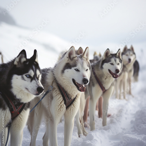 Sled dogs husky huskies in a harness on the snow, close-up, amazing pets, ai generative 