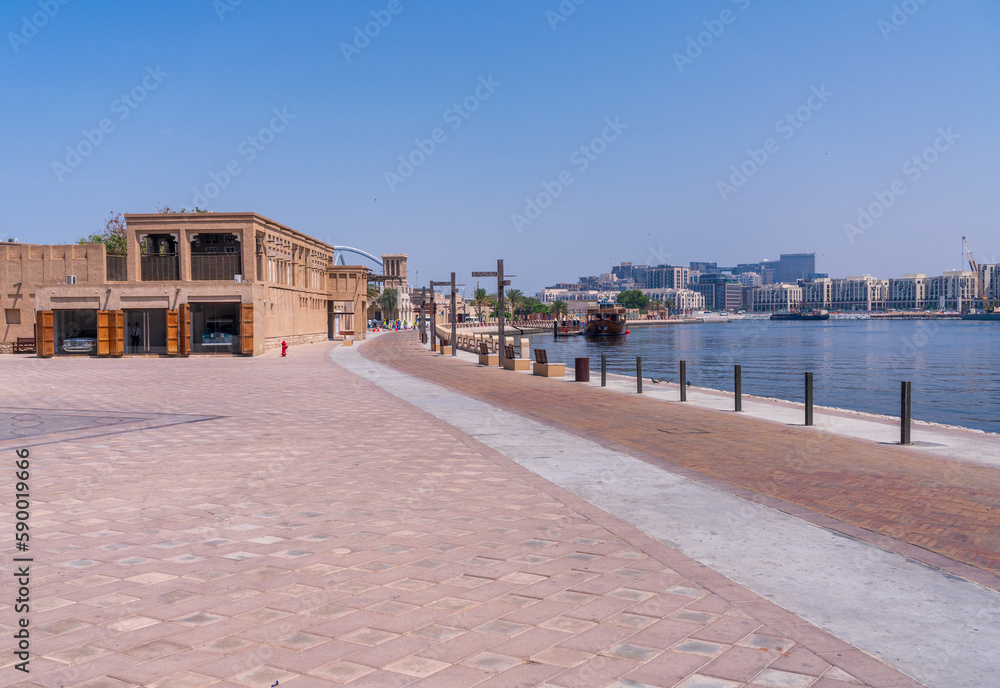 Wide promenade along the Creek in the Al Shindagha district and museum in Bur Dubai