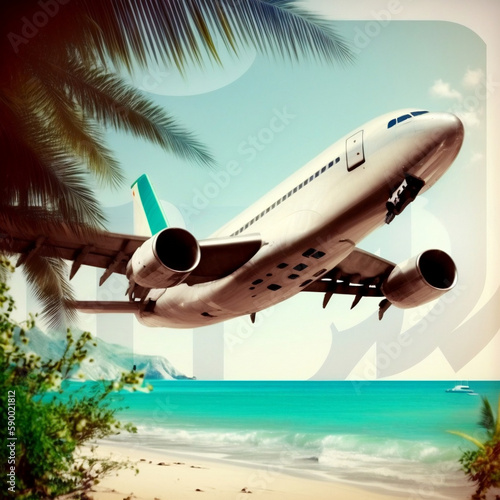 Aerial View of Airplane over a Tropical Beach, Perfect for Weekend Getaway and Tourism. Generative AI