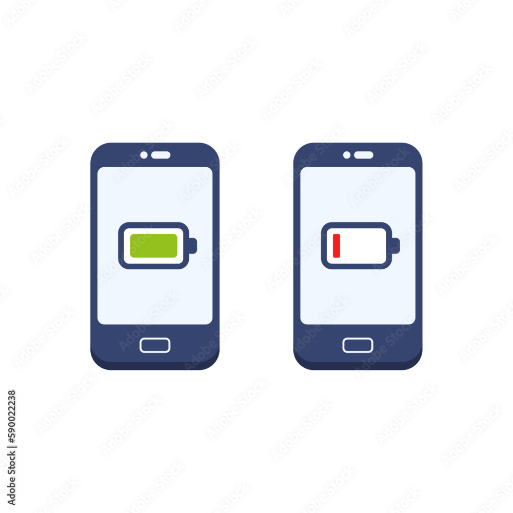 Low and full battery on mobile phone. Vector illustration. Low and full battery on mobile phone. Vector illustration.