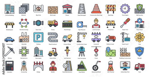 Civil Engineering Color Line Icons Engineer Mechatronics Icon Set in Filled Outline Style 50 Vector Icons