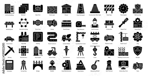 Civil Engineering Glyph Icons Engineer Mechatronics Icon Set in Glyph Style 50 Vector Icons in Black