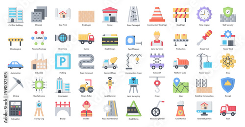 Civil Engineering Flat Icons Engineer Mechatronics Icon Set in Color Style 50 Vector Icons