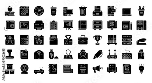 Office Elements Glyph Icons Job Workplace Icon Set in Glyph Style 50 Vector Icons in Black