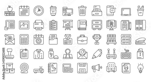 Office Elements Thin Line Icons Job Workplace Icon Set in Outline Style 50 Vector Icons in Black