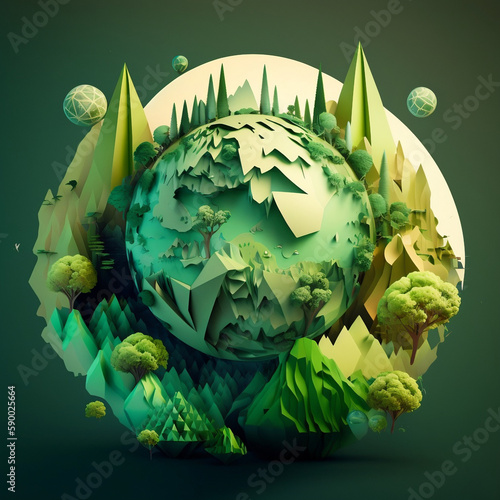 Futuristic Sphere of Earth with Paper Art, Featuring a Green Forest City on a Crystal Planet. Generative AI