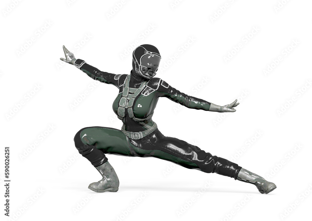 cosmonaut girl is doing a kung fu fighter pose on white background cosmonaut girl is doing a kung fu fighter pose on white background