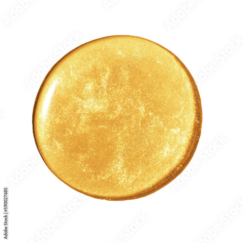 Large drop of liquid gold. Or a yellow liquid with sparkles. Isolated on a white background. Laboratory, chemistry, cosmetics, glitter.