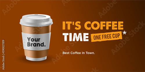 Takeaway Coffee ads banner vector, takeaway cup packaging with labels in 3D illustration vector design in brown background.