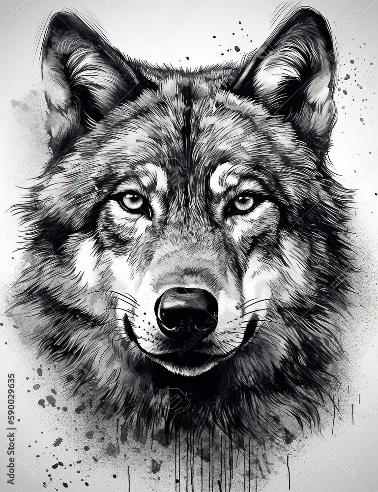 Fototapeta premium Wolf Face Illustration, Sketch, Majestic, Graphical Resource, Logo, T Shirt, Graphic Design. Generative AI