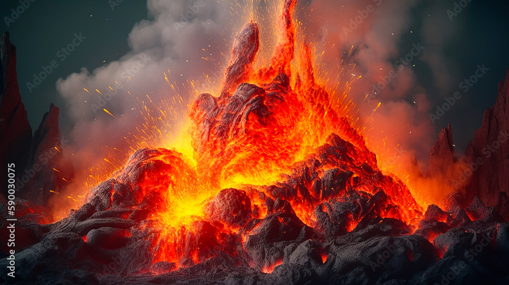 Fiery Outburst, An Up-Close Look at a Volcanic Eruption. Generative AI.