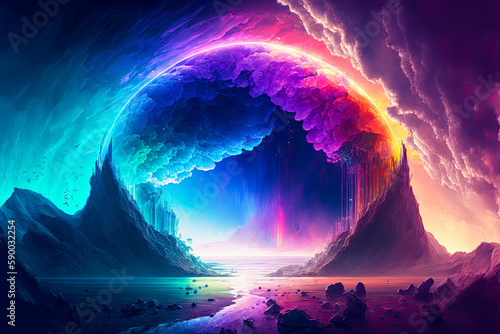 Rainbow landscape, colorful, fantasy. Generative AI