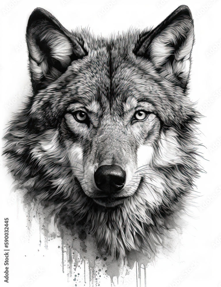 Wolf Face Illustration, Sketch, Majestic, Graphical Resource, Logo, T Shirt, Graphic Design. Generative AI