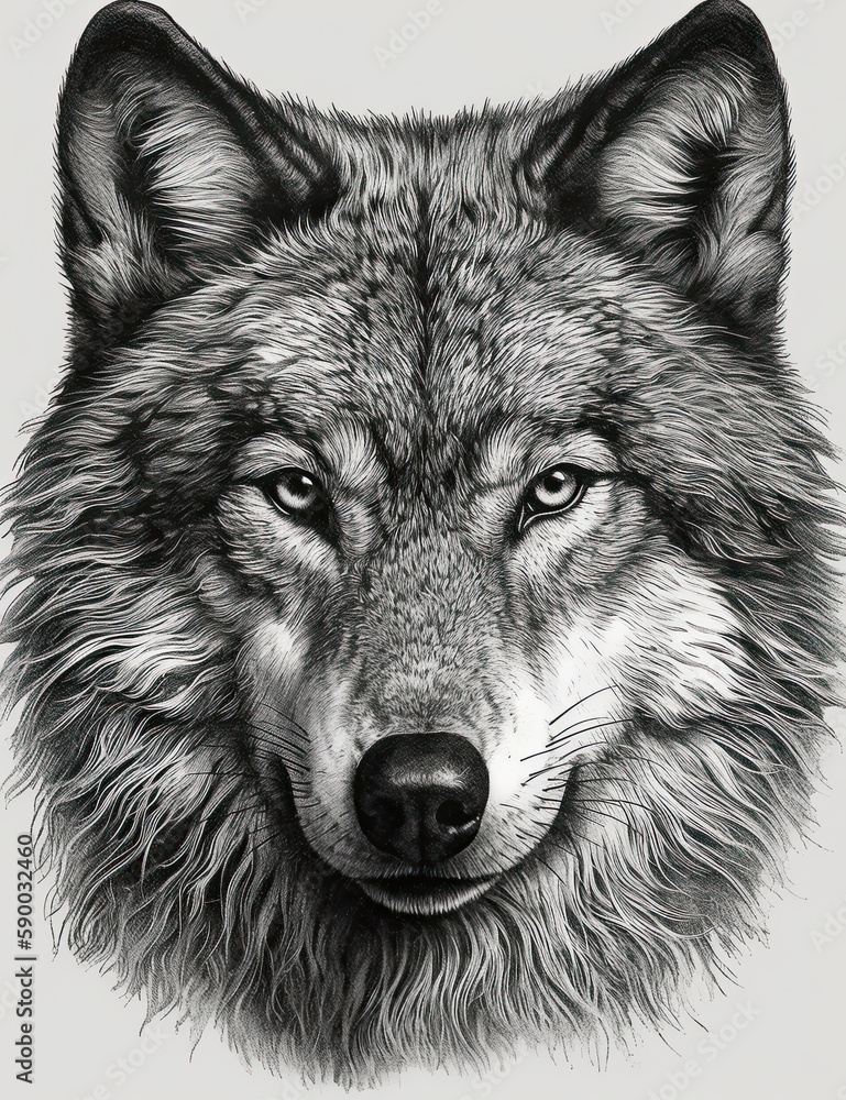 Wolf Face Illustration, Sketch, Majestic, Graphical Resource, Logo, T Shirt, Graphic Design. Generative AI