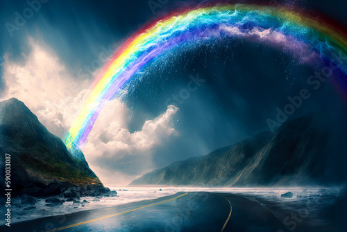Rainbow landscape, road, colorful, fantasy. Generative AI
